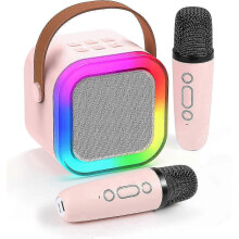 Karaoke Machine for Kids with 2 Wireless Microphones, Portable Bluetooth Speaker, Voice Changer LED Lights for Childrens Singing Toy