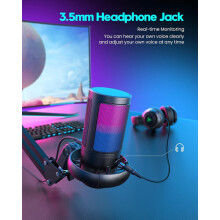 Microfone para Jogos com Iluminação RGB e Captação Cardioide, Compatível com PC e PS5, Plug and Play, Braço Flexível, Controle de Volume