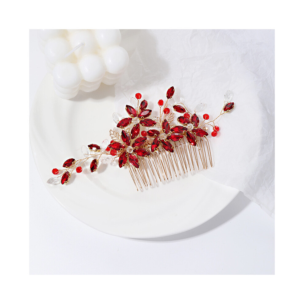 Roc-Electron Red Crystal Gold Teeth Hair Comb For Wedding Party