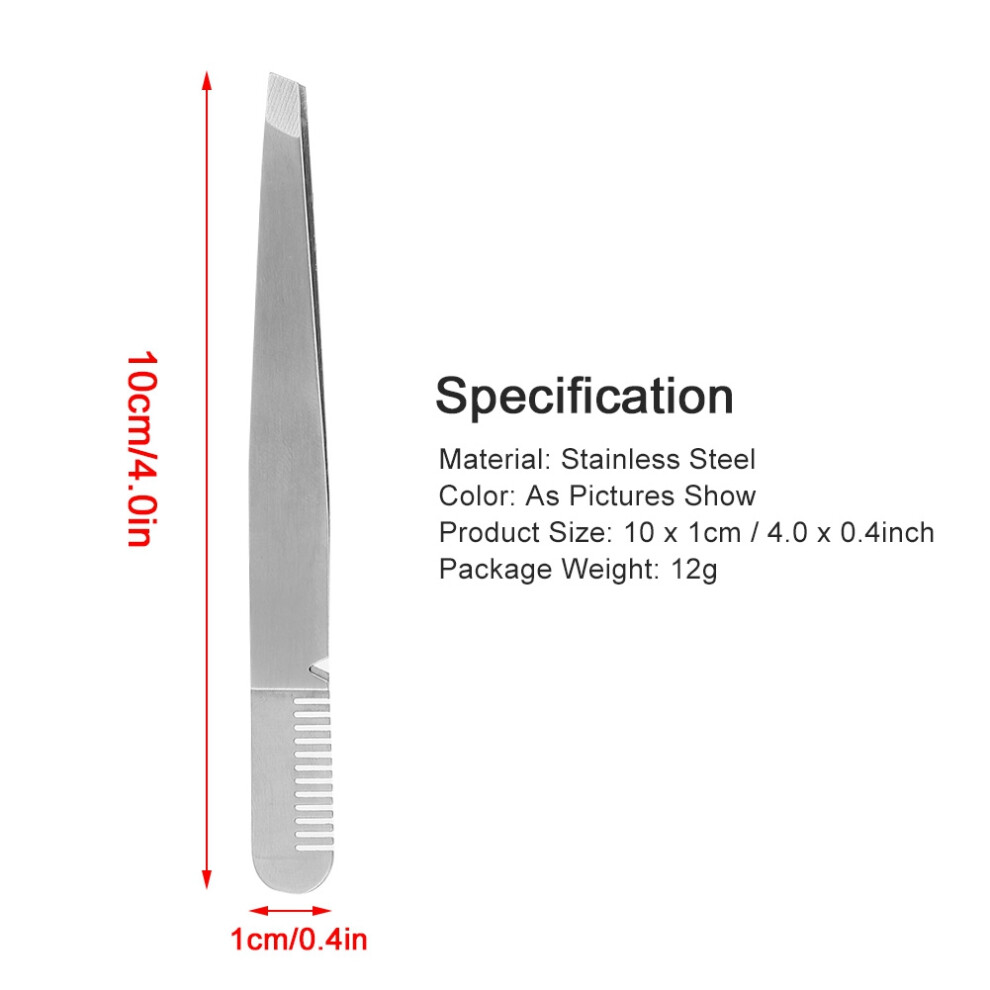 Unisex Stainless Steel Eyebrow Tweezers With Comb, 10Cm, Durable & Rustproof