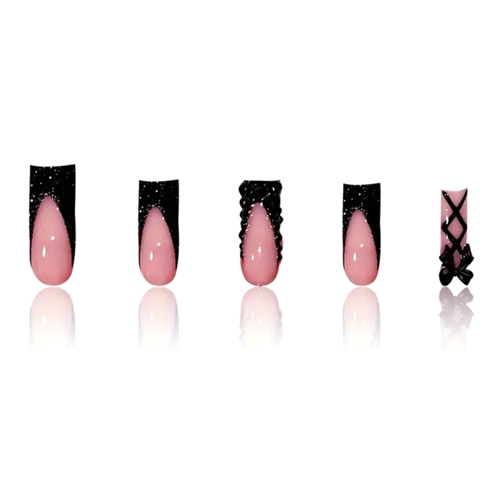 Penghui-Toys Pink Square Fake Nails With Black Tip No Bad Smell Environmentally Friendly For Hot Girl Dress Matching
