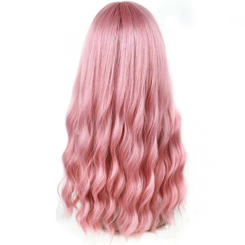 Unisex Pink Long Wavy Wig With Air Bangs, Heat Resistant Synthetic Hair