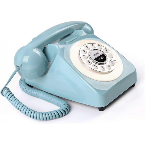 Téléphone fixe Bluetooth vintage, sans fil, son clair, style classique bleu. 1