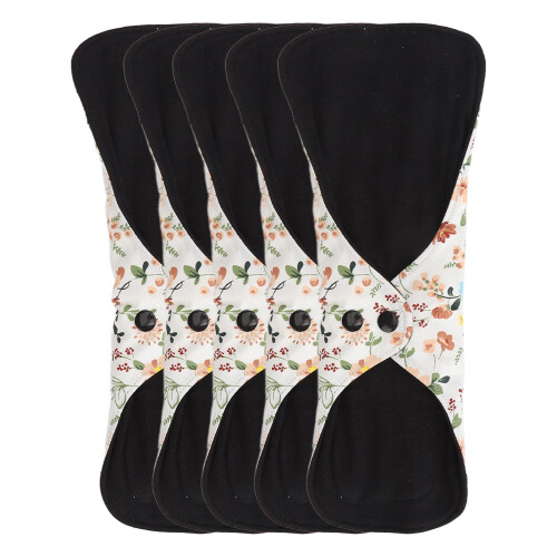 5pcs Reusable Breathable Cotton Menstrual Pads, Flower Pattern, L Size