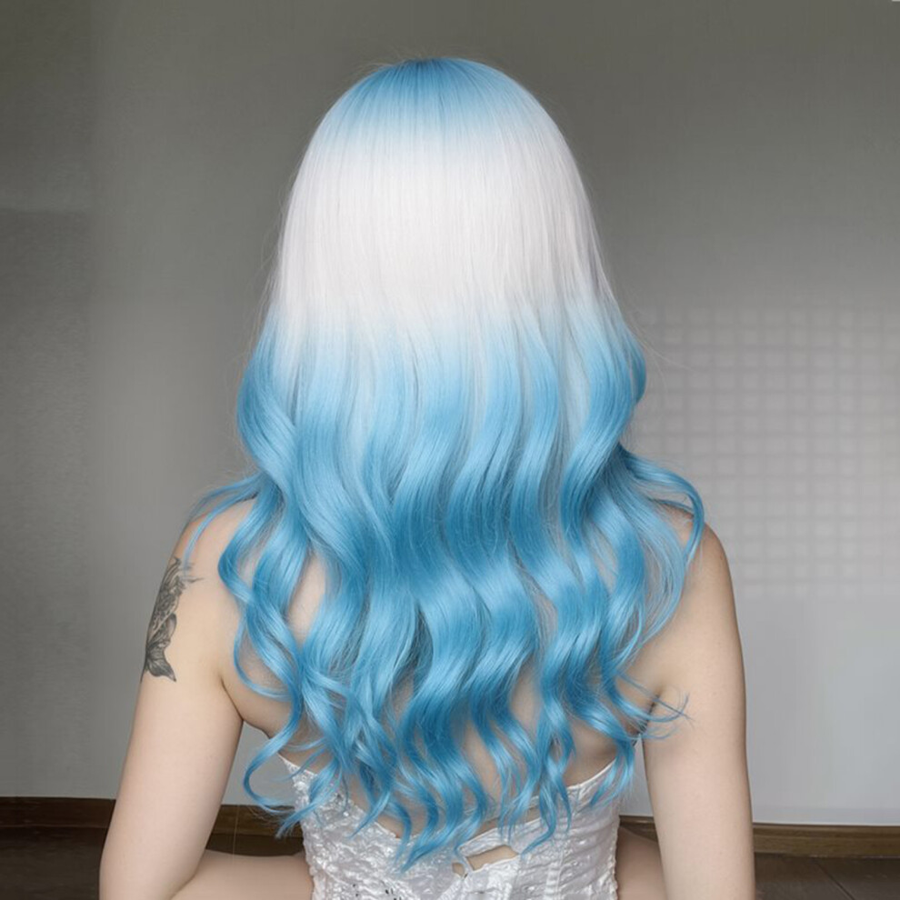 Penghui-Toys (Blue And White Gradient) Realistic 26Inch Gradient Wavy Wig Thick Hair Soft Fluffy Curly Wig For Photography Stage Movie Hair