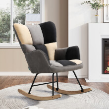 Checkered Patchwork Multicolor Rocking Chair - Black/Grey/Beige Linen, Sturdy Iron Frame, Rubberwood Rocking Legs