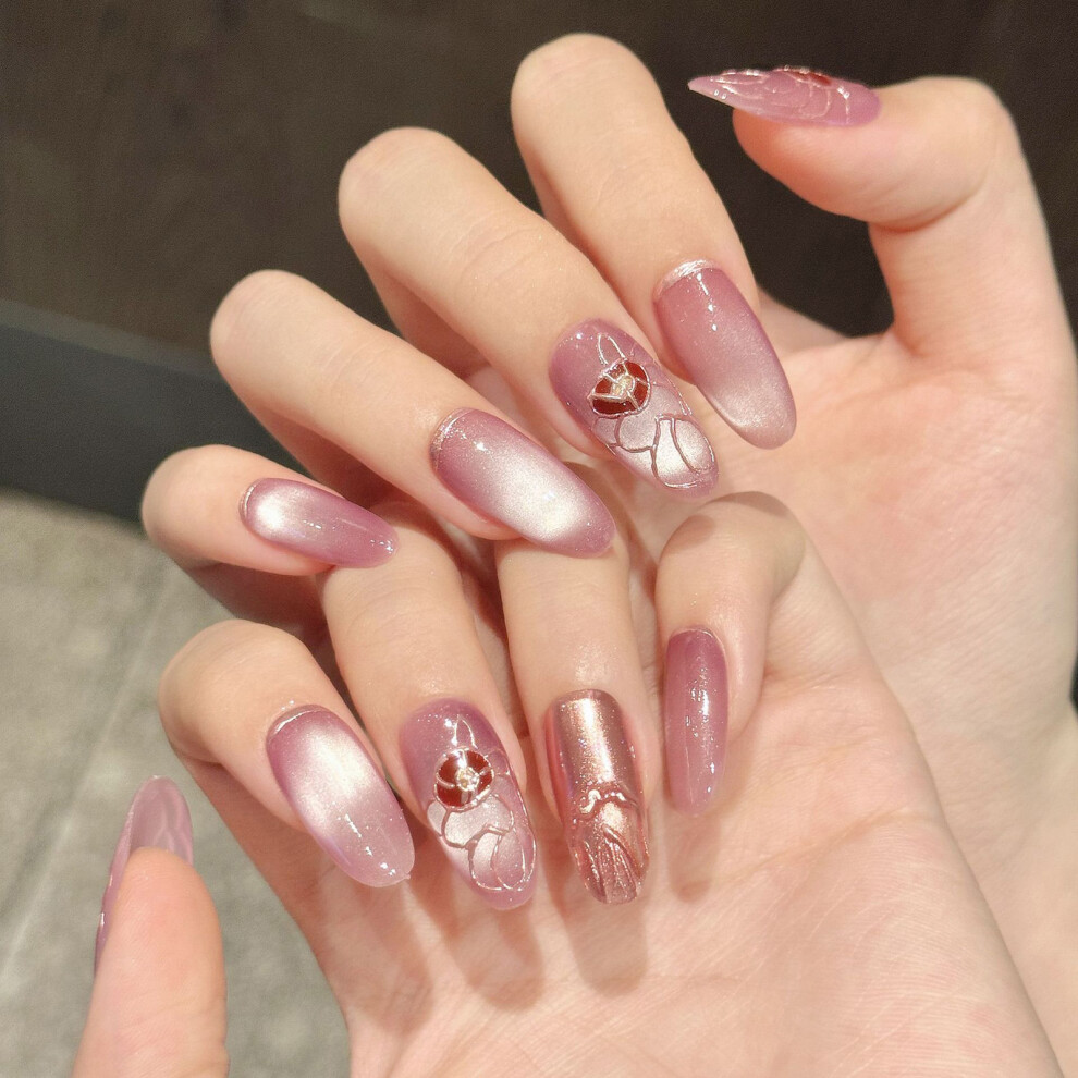 Penghui-Toys (Xs) 10Pcs Glossy Pink Cat Eyes False Nails Charming Comfortable To Wear Manicure Nails For Professional Nail Art Salon Suppl