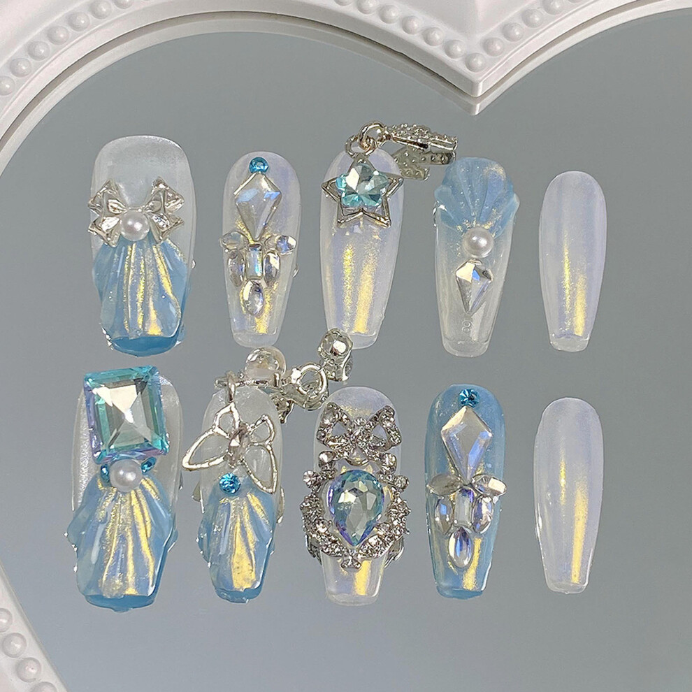 Penghui-Toys Blue/White (S) Fake Nails With Rhinestone Sweet & Charming Reusable False Nails For Manicure Lovers And Beauty Bloggers