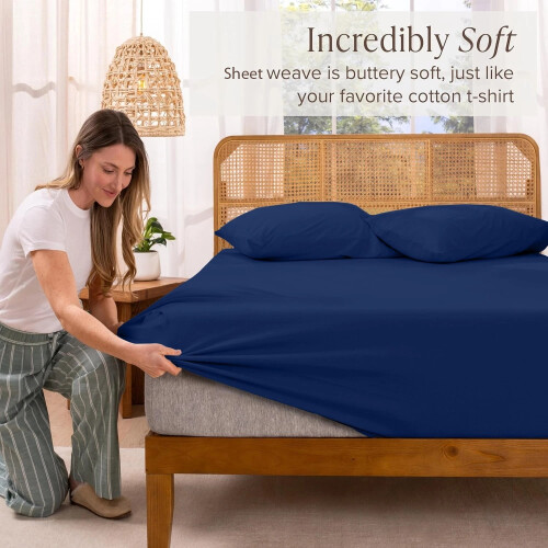 (Double, Navy Blue) 40cm Deep Fitted Sheet - Premium Microfiber Mattress Sheet Single Double & King Sizes UK 1