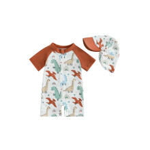 (4-5 Years, Orange) Toddler Boy Swimsuit Dinosaur Pattern Short Sleeve Half Zipper Non-Pilling Rash Guard Swimwear Sunhat Set