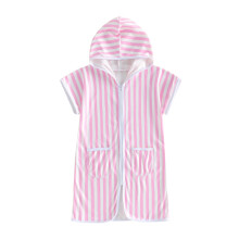 (4-5 Years, Pink) Kids Beach Cover Up Stylish Striped Casual Zip Up Short Sleeve Hooded Shawl for Beach and Daily Life