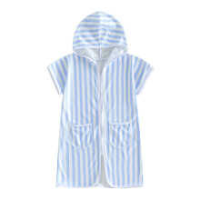 (5-6 Years, Sky Blue) Kids Beach Cover Up Stylish Striped Casual Zip Up Short Sleeve Hooded Shawl for Beach and Daily Life