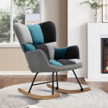 Checkered Patchwork Multicolor Rocking Chair - Black/Grey/Blue Linen, Sturdy Iron Frame, Rubberwood Rocking Legs