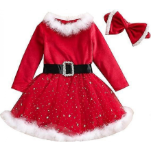 4-5 Years Girl Christmas Dress Long Sleeve Fuzzy Outfit with Fur Scarf & Santa Hat