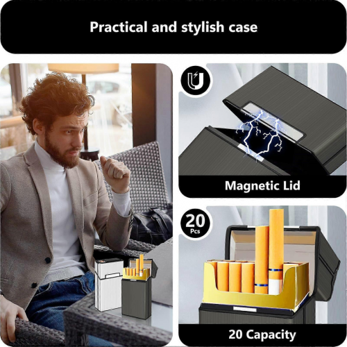 USB Rechargeable Windproof Metal Cigarette Case with Lighter for 100mm 2