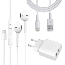 Schnellladegerät mit zwei Anschlüssen + Lightning-Kabel + Lightning-Kopfhörer