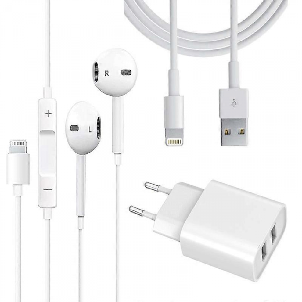 Dual Port Fast Charger + Lightning Cable + Lightning Earphones 5996097037522