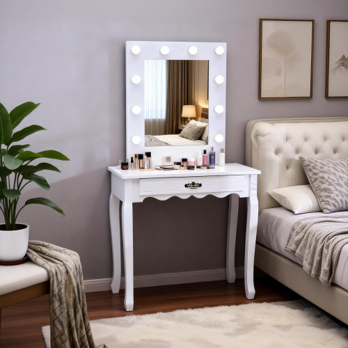 White Vanity Dressing Table with 10 LED Bulbs & Single Drawer