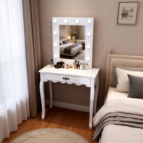 White Vanity Dressing Table with 10 LED Bulbs & Single Drawer 1