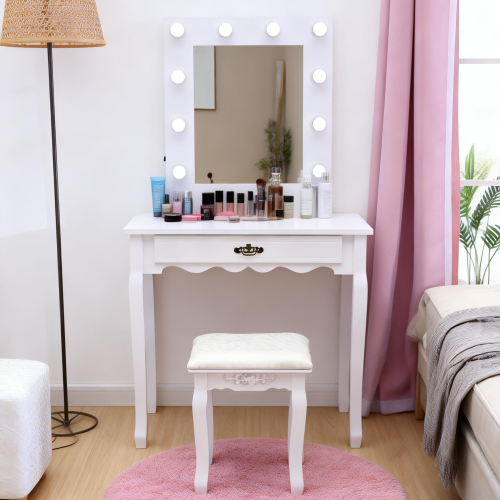 White Vanity Dressing Table with 10 LED Bulbs & Single Drawer 2