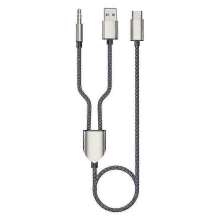 (Blue) Cavo sdoppiato da USB Type-C a USB A con ingresso AUX da 3,5 mm per autoradio.