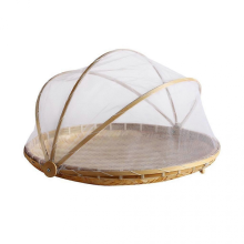 (M) Panier à fruits en bambou tressé à la main avec filet anti-insectes, plateau de pique-nique rond