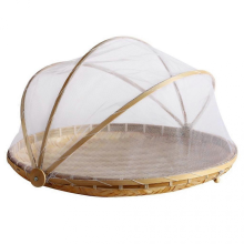 (L) Panier à fruits en bambou tressé à la main avec filet anti-insectes, plateau de pique-nique rond