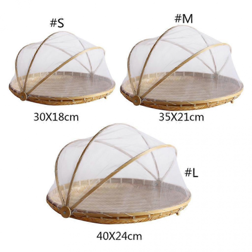(L) Handwoven Bamboo Fruit Basket with Bug-Proof Net, Round Picnic Tray 2