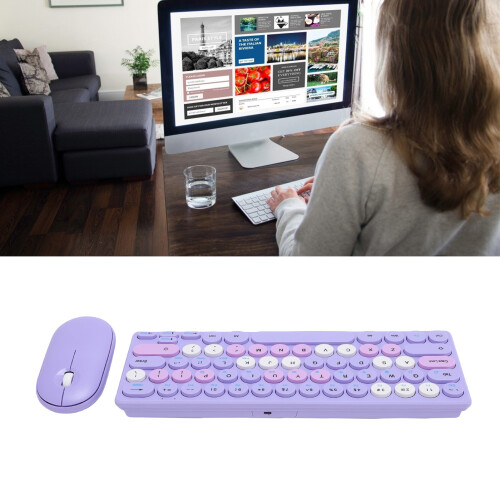 Wireless Retro Keyboard Mouse Combo, 64 Keys, 1200dpi, Violet