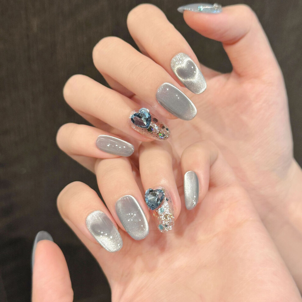 Roc-Electron (2875) 10Pcs Blue Rhinestone Cat Eye Fake Nails