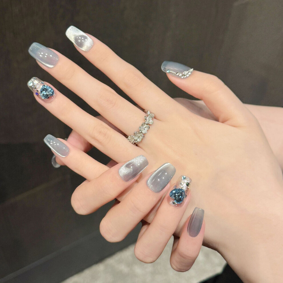 Creation-3C Blue (2873) Cat Eye Fake Nails With Rhinestones - 10Pcs