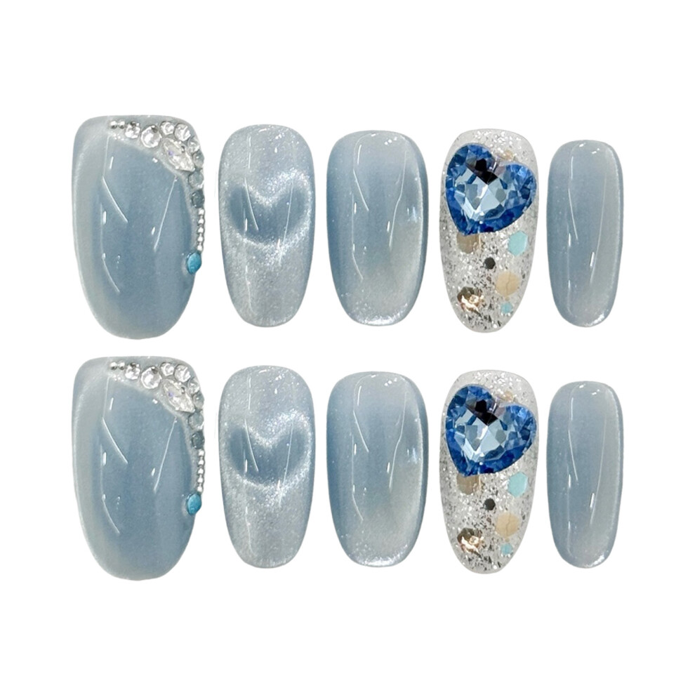 Roc-Electron (2875) 10Pcs Blue Rhinestone Cat Eye Fake Nails