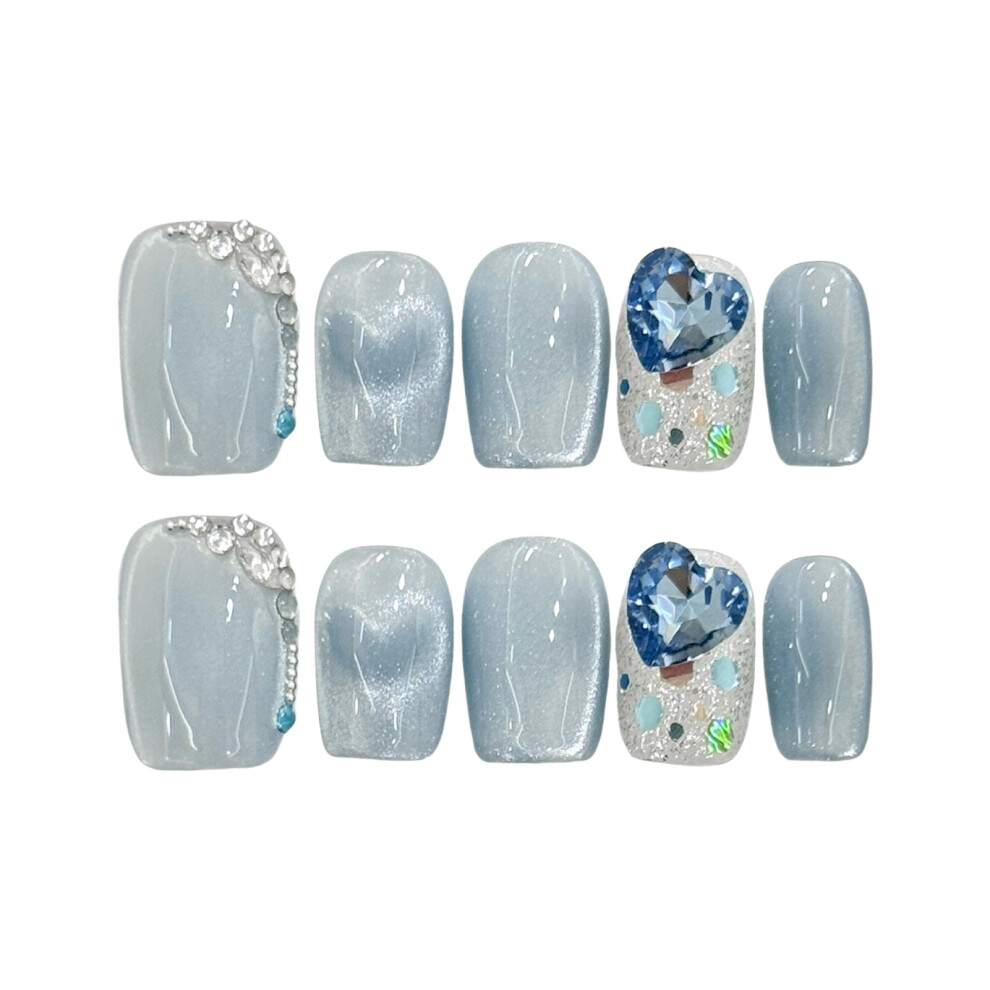 Creation-3C Blue (2871) Cat Eye Fake Nails With Rhinestones - 10Pcs