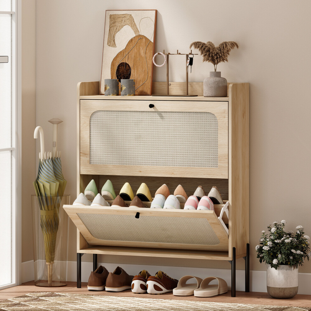 Homcom (Yellow) Boho Narrow Shoe Cabinet, Shoe Rack With 2 Flip Drawers Yellow