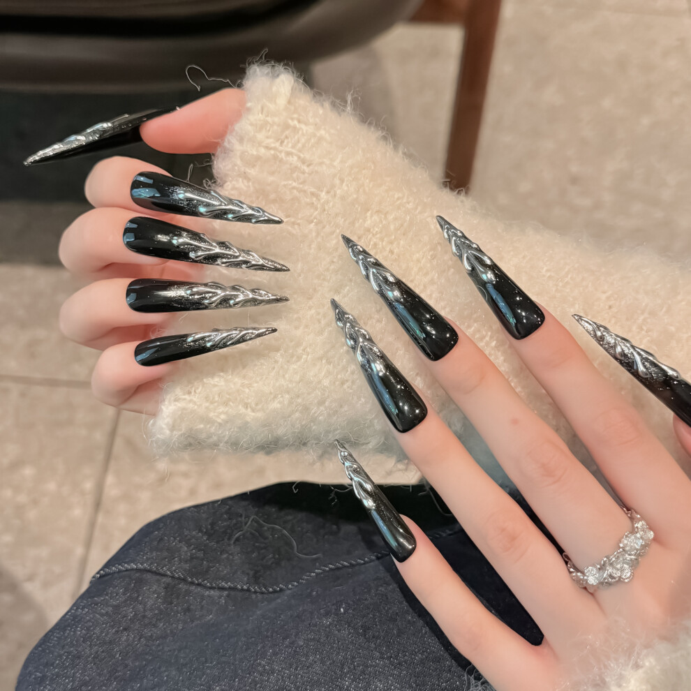 Bright-Home (M) Black Long Pointed Head False Nails Chip-Proof Smudge-Proof Fake Nails For Girlfriend Wife Women And Girl