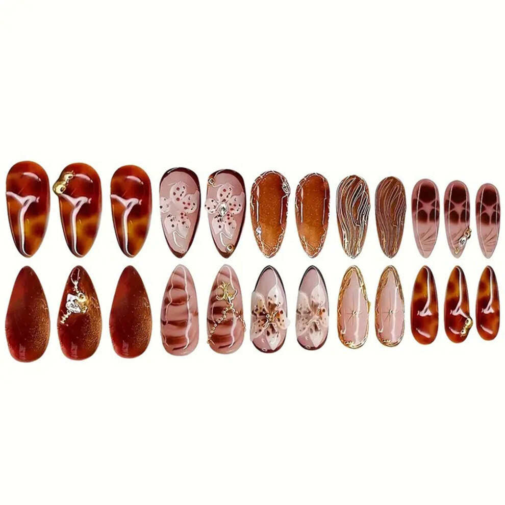 Penghui-Toys Gold 24Pcs Women Artificial Nail Art Kit Floral Vein Press On Nails For Women Girls Manicure Diy