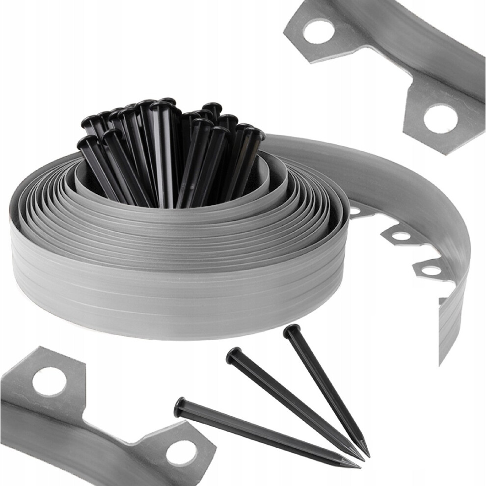 Grey Plastic, Flexible Landscape Lawn Edging, 10M Length With 20 Pegs, 4Cm High 5056885801909