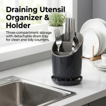 (Black Grey) Plastic Cutlery Drainer Storage Box Kitchen Utensil Organizer With Drainage Design
