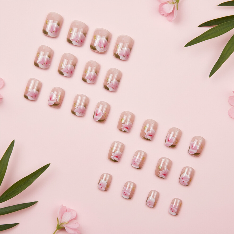 Phui-Pet-Supplies 24Pcs Glossy Pink Flower Fake Nails For Party & Wedding