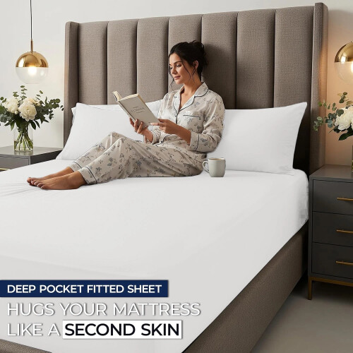 (Single, White) 40cm Deep Fitted Sheet - Premium Microfiber Mattress Sheet Single Double & King Sizes UK 2