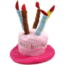Pet Birthday Hat Adjustable Pink Soft Plush for Cats and Dogs with Cake Design Happy Birthday Text