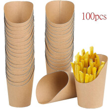 Disposable Paper French Fry Cups 12oz 100 Pack, Kraft Paper Food Cones with Oil-Resistant Lining, Leak-Proof Recyclable for Parties Events