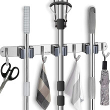 Wall-Mounted Broom and Mop Holder, Stainless Steel 304, 3 Tier 4 Hook, Self-Adhesive Drillable for Kitchen Bath Garage