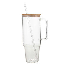 Glass Coffee Cup with Handle and Straw Lid, Reusable 1200ml Large Capacity, Transparent Glass Tumbler for Hot Cold Drinks