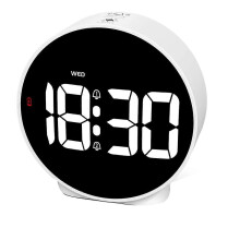 Digital Travel Alarm Clock in White ABS with Dual Alarms, Adjustable Brightness Gradual Wake for Home and Travel