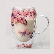 Caneca de Vidro de Duas Camadas com Flores Secas, Isolada para Bebidas Quentes e Frias, Copo de Café Reutilizável