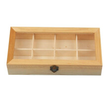 Teebox aus Holz mit 8 Fächern, abschließbarem Deckel und transparentem Acrylfenster, Organizer für die Küchentheke