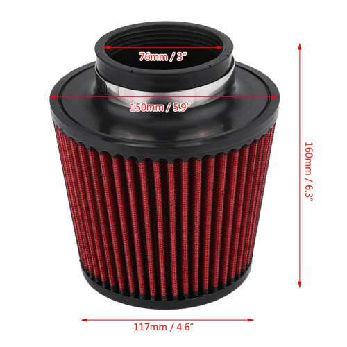 Universal 76mm High Flow Round Cone Air Filter - Reusable Red Cotton Intake 2
