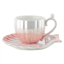 Xícara de Café Cerâmica Rosa com Pires, 7 oz, Resistente ao Calor, Padrão Nuvem