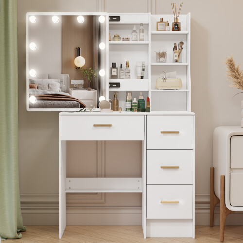 4-Drawer Dresser Desk Vanity Table with LED Mirror